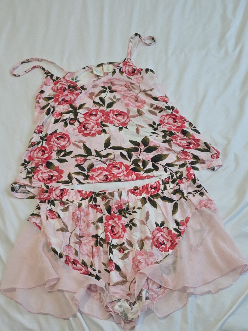 Pink Floral Satin Cami & Ruffle Short Sleep Set